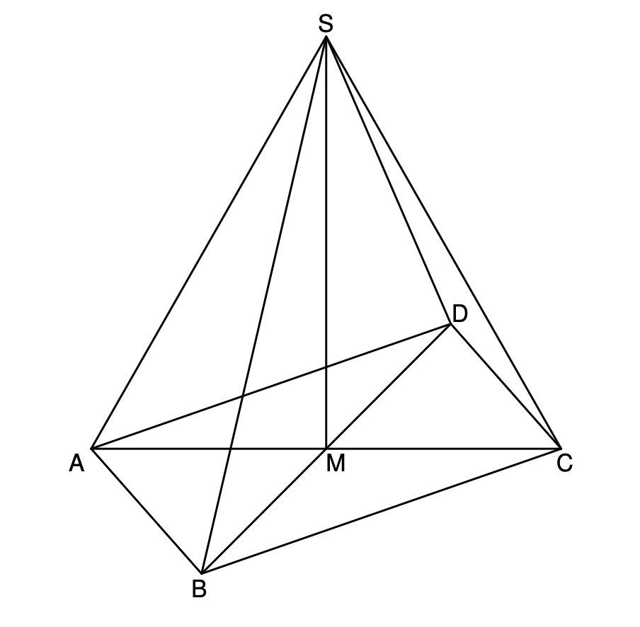 Skizze einer Pyramide mit Spitze S, Basis A,B,C, Mittelpunkt M, Punkt D an einer Seitenkante und eingezeichneten Diagonalen.